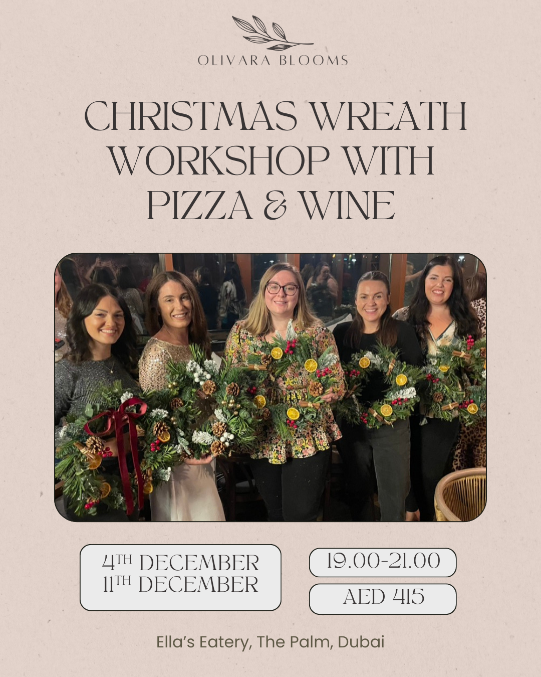 Festive Wreath Making Workshop with Pizza & Wine – Ella’s Eatery, Palm Jumeirah